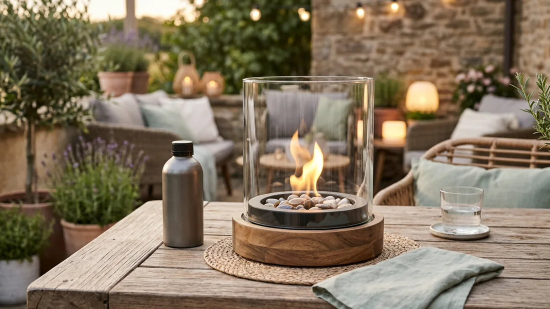 Tischfeuer mit Holzsockel und Schutzglas brennt abends auf einem Holztisch