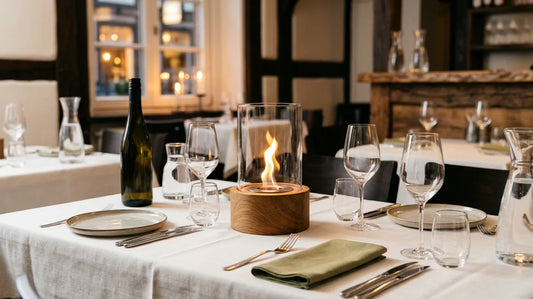 Tischfeuer mit Holzsockel und Schutzglas auf einem gedeckten Restauranttisch am Abend