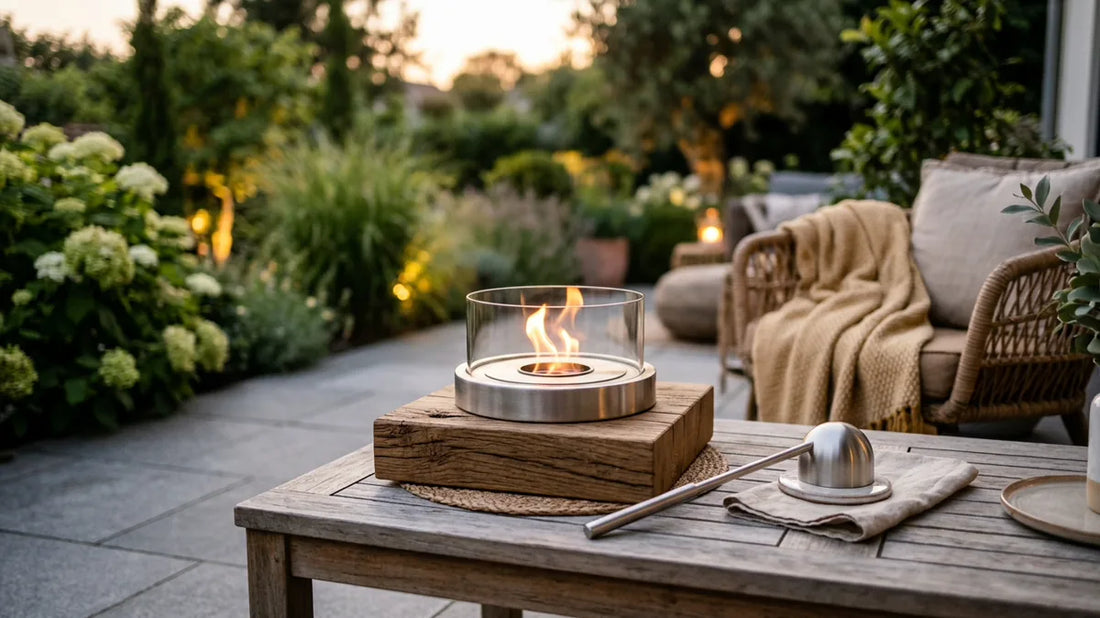 Tischfeuer mit Holzsockel und Ablöscher auf einem Terrassentisch am Abend