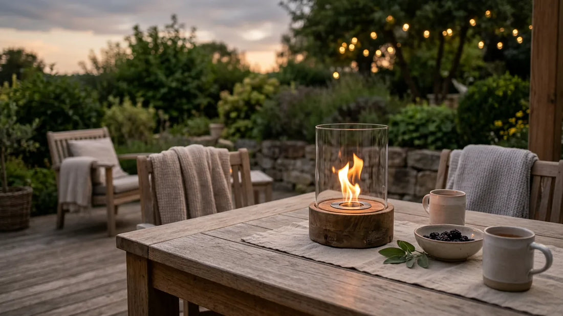 Tischfeuer mit Holzsockel und Glasschutz brennt abends auf einem Gartentisch