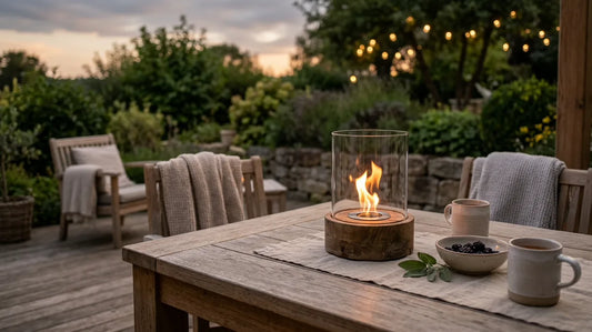 Tischfeuer mit Holzsockel und Glasschutz brennt abends auf einem Gartentisch