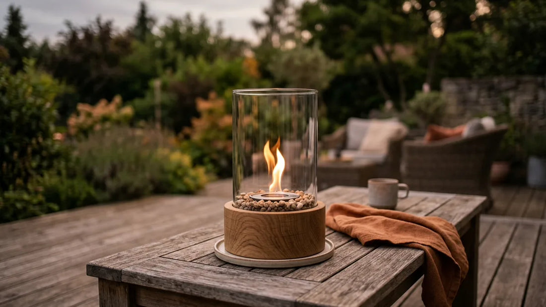 Tischfeuer mit Holzsockel brennt abends auf einem Terrassentisch
