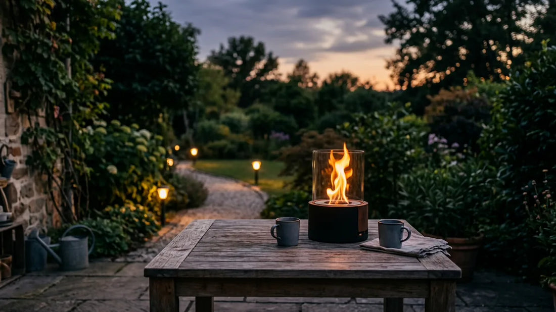 Tischfeuer auf Gartentisch am Abend, im Hintergrund Solarleuchten am Weg